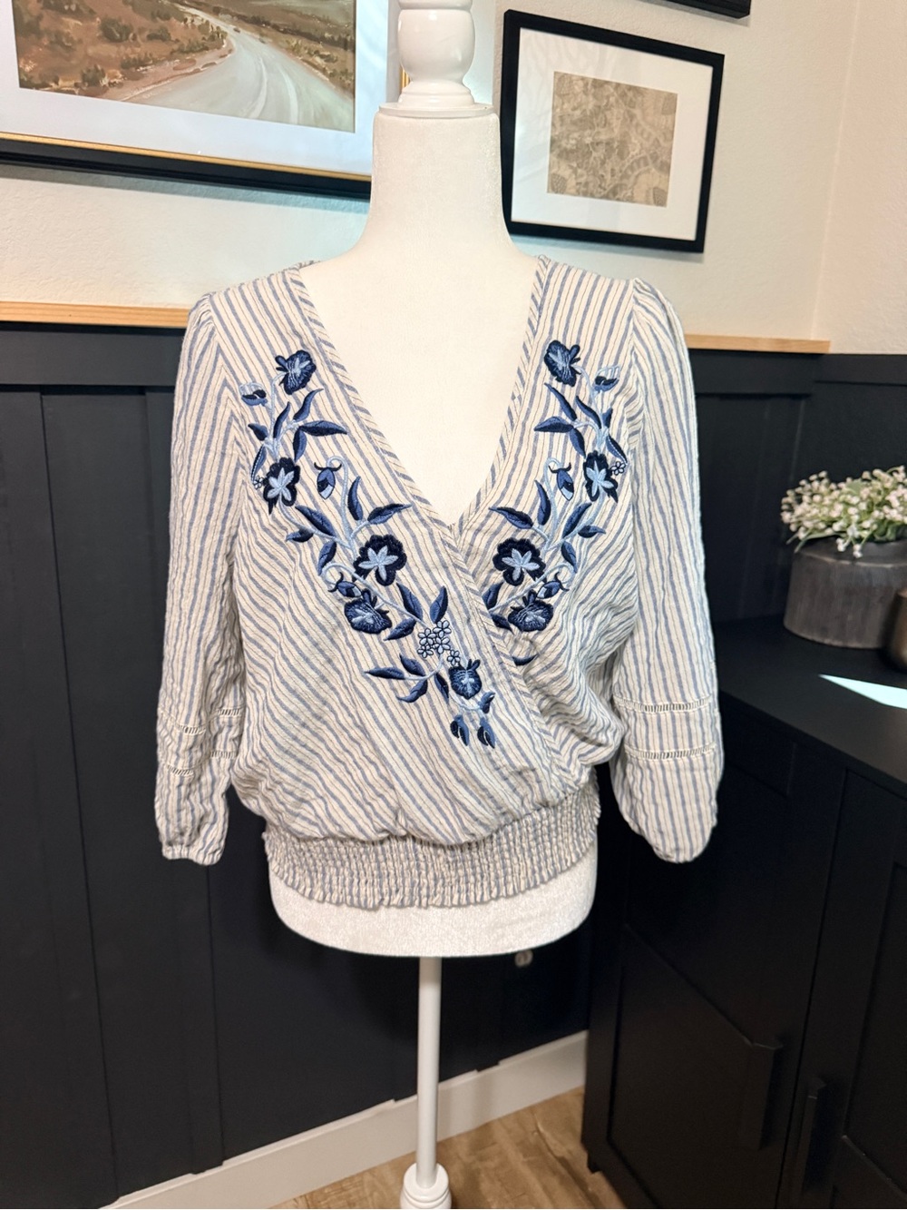 lovestitch Blue and White Striped Embroidered Wrap Blouse